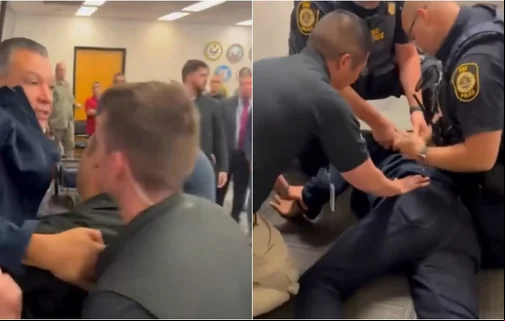 Senador Alex Padilla sendo retirado da coletiva