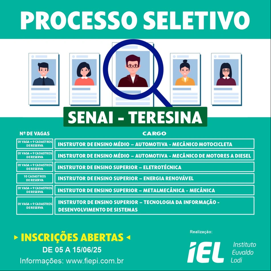 SENAI-PI abre processo seletivo com vagas em Teresina e Parnaíba